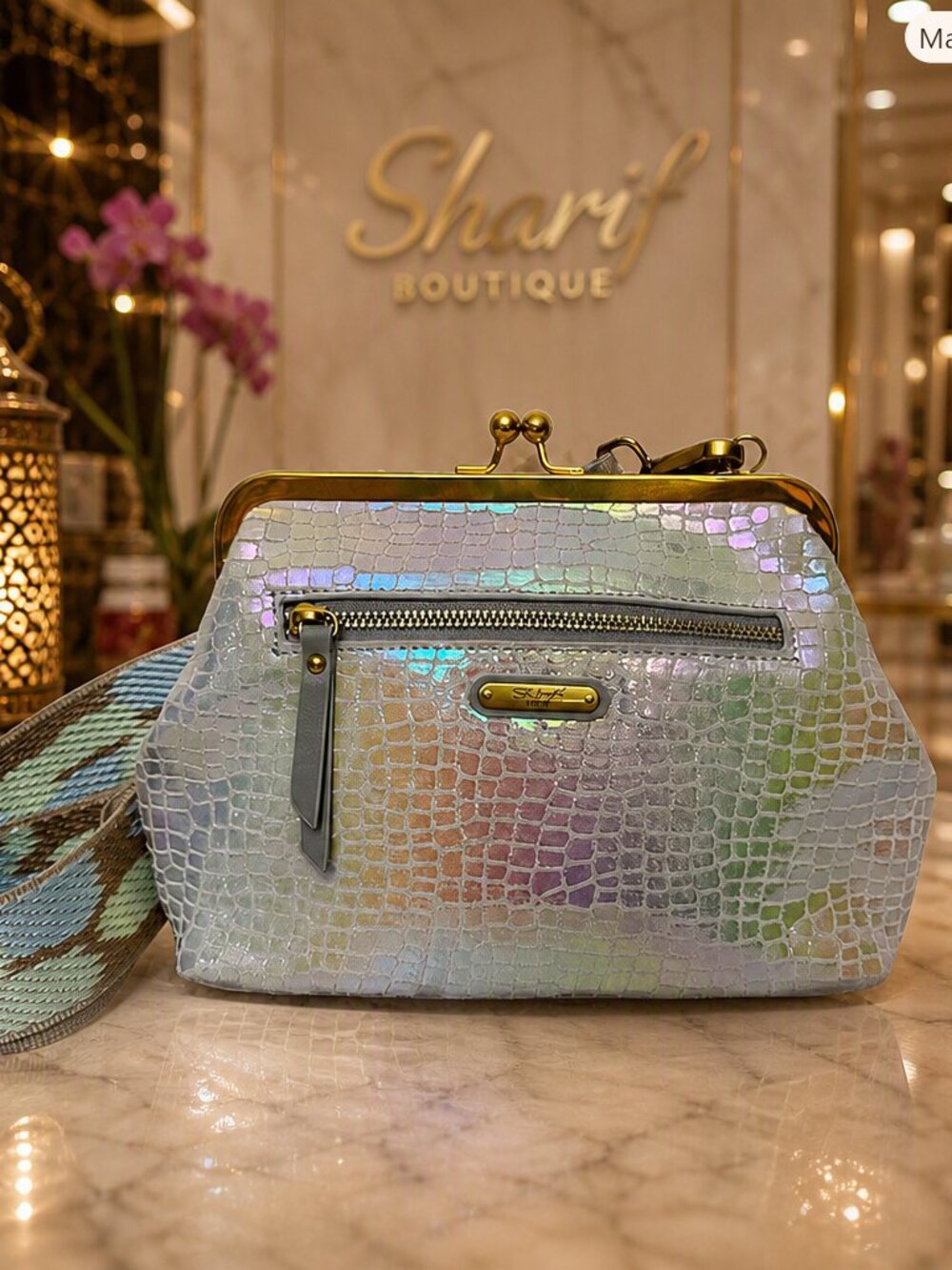 Sharif Iridescent Croc-Embossed Leather Kiss-Lock Crossbody